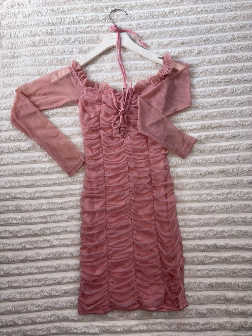 Ruched Pink Mesh Off-Shoulder Dress
